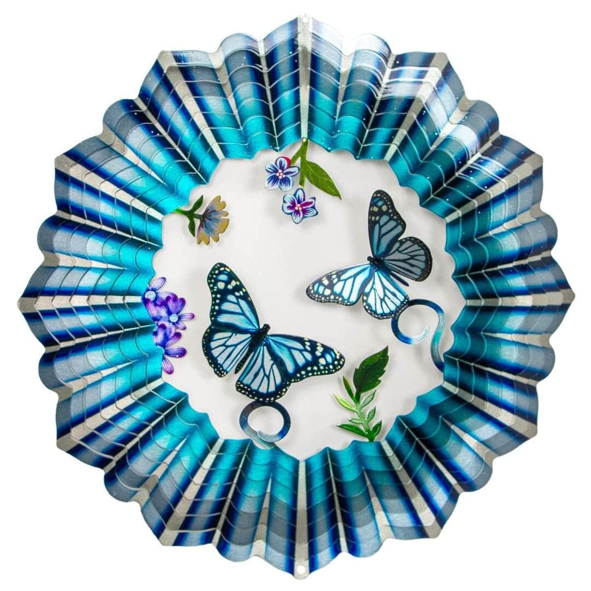 12" 3D Blue Butterfly Wind Spinner made from powder-coated stainless steel, featuring a vibrant butterfly design and dynamic 3D motion for outdoor decor.