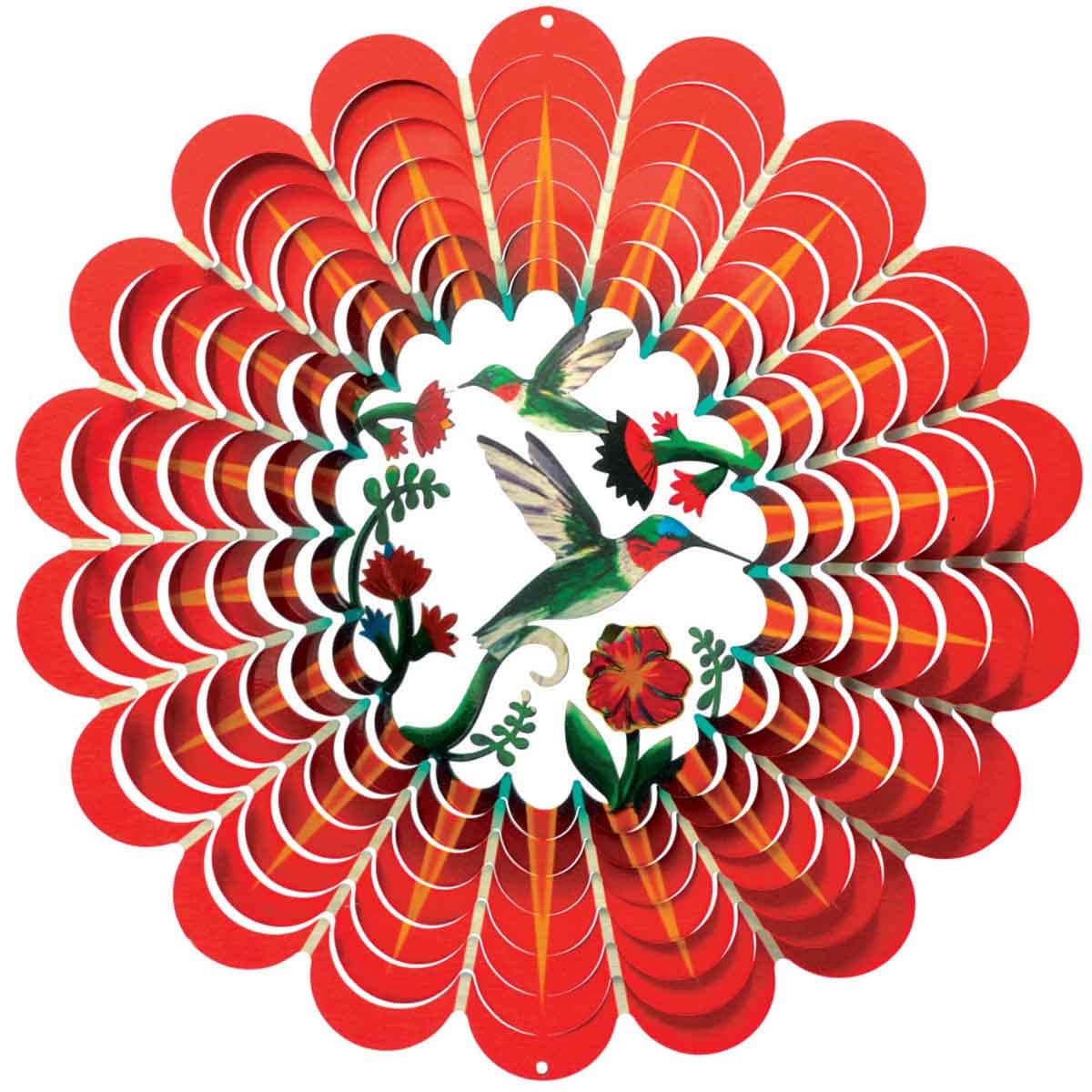 12" 3D Hummingbird Wind Spinner made from powder-coated stainless steel, featuring a vibrant hummingbird design and captivating 3D motion for outdoor décor.