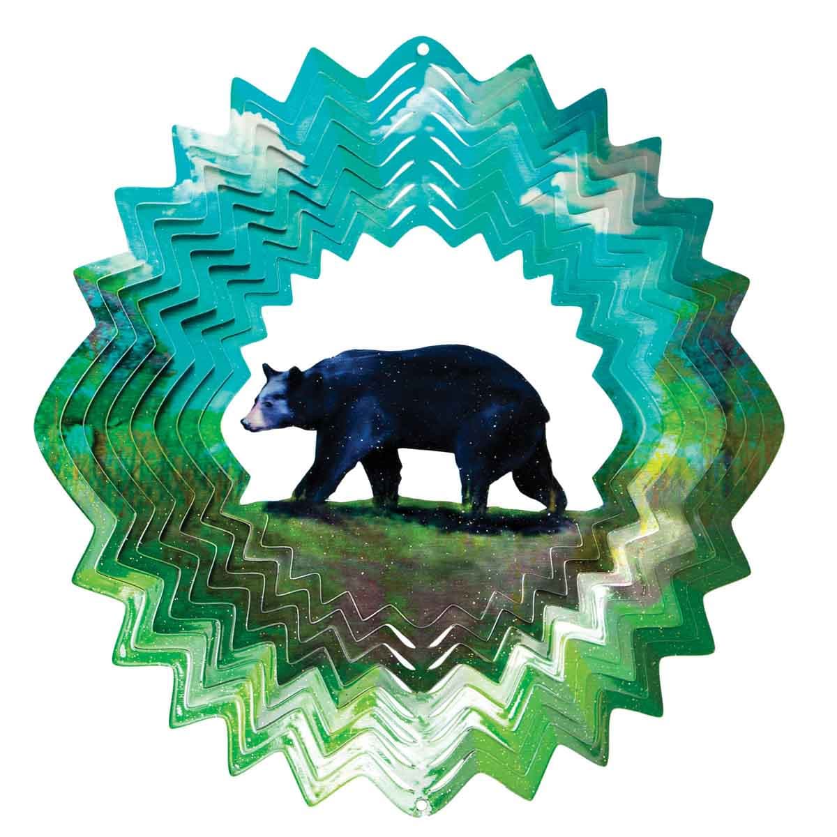 12" Bear Wind Spinner made from powder-coated stainless steel, featuring a rugged bear design and dynamic motion for outdoor décor.