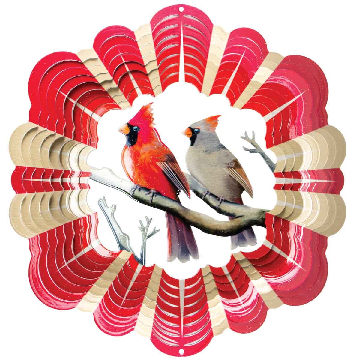 12" Cardinal Wind Spinner made from powder-coated stainless steel, featuring a vibrant cardinal design and dynamic motion for outdoor décor.