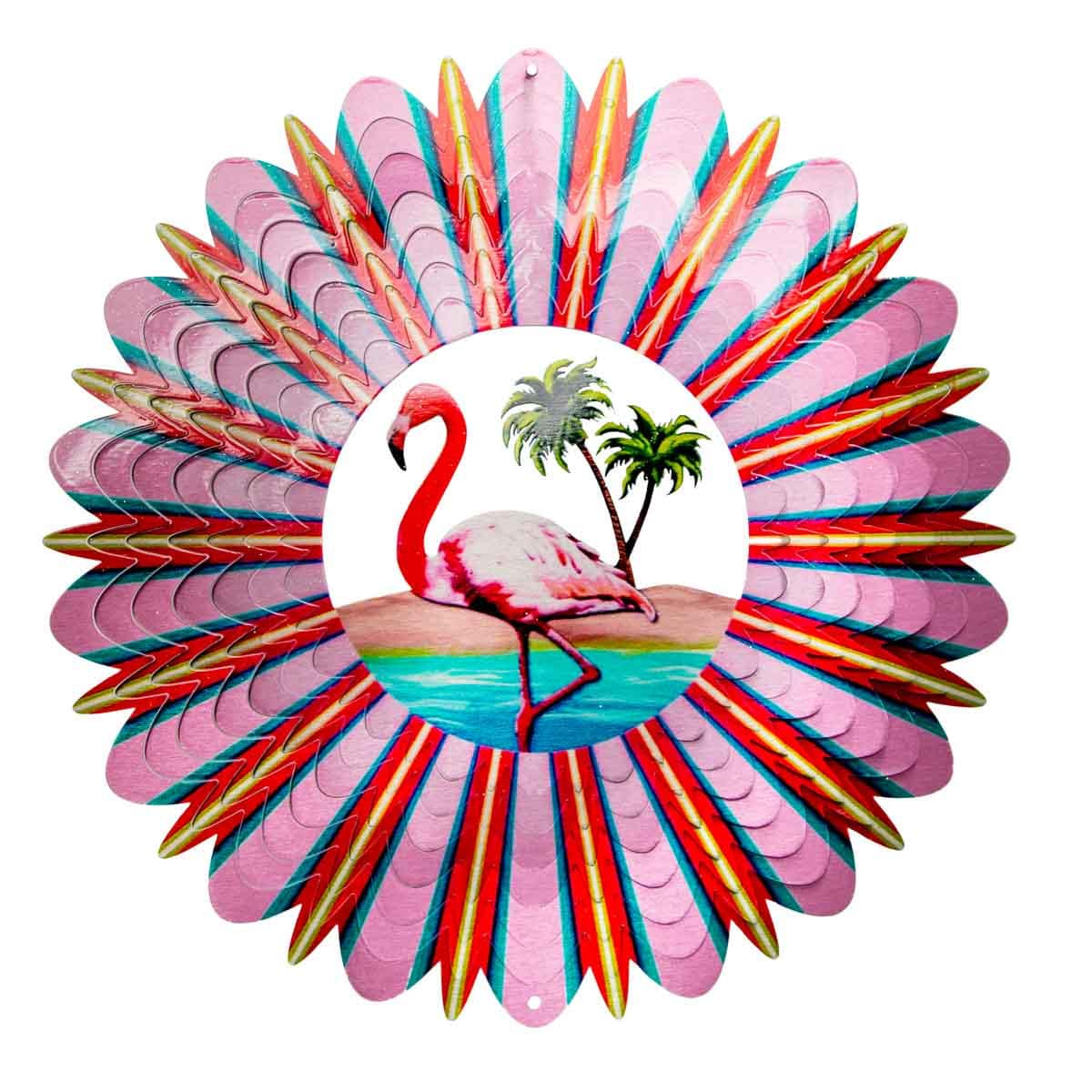 12" Flamingo Wind Spinner made from powder-coated stainless steel, featuring a vibrant flamingo design and dynamic motion for outdoor décor.