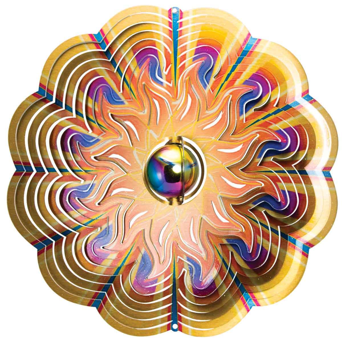 12" Gazing Sun Wind Spinner with a stainless steel gazing ball, powder-coated stainless steel, and dynamic motion for radiant outdoor décor.