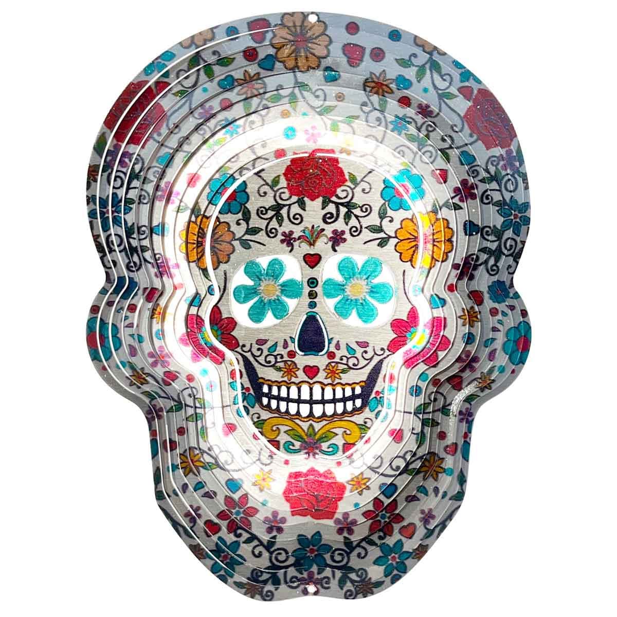 12" Sugar Skull Wind Spinner made from powder-coated stainless steel, featuring a bold sugar skull design and dynamic motion for festive outdoor décor.