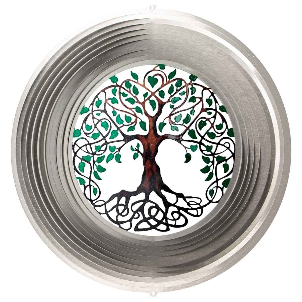 12" Tree of Life Wind Spinner made from powder-coated stainless steel, featuring a symbolic tree design and dynamic motion for elegant outdoor décor.