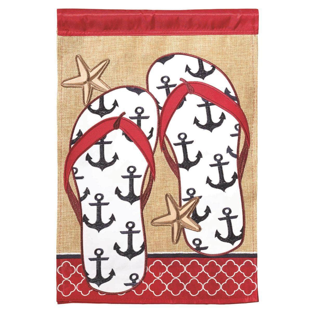 Anchor Flip Flops Burlap Garden Flag with double-thickness design, intricate applique stitching, and durable burlap and nylon construction for beach-inspired outdoor décor.
