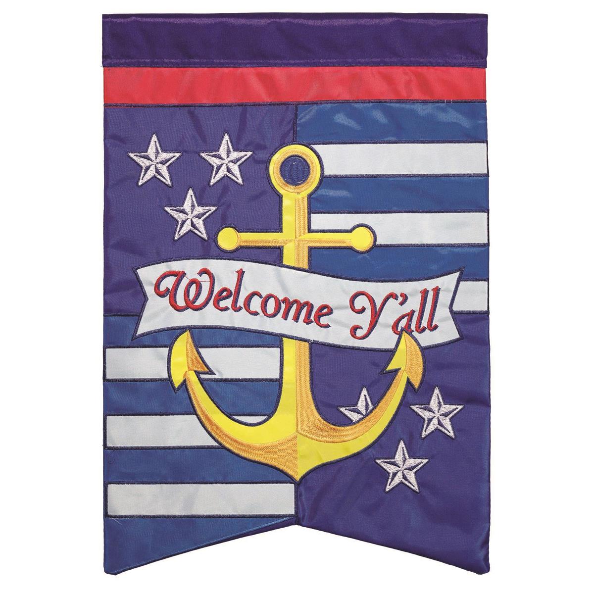 Anchor Welcome Y'all flag with intricate embroidery, vibrant design, and durable construction for nautical outdoor decor.