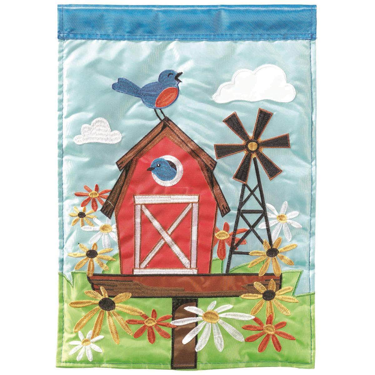 Barn Birdhouse flag with vibrant design, intricate embroidery, and durable construction for rustic outdoor decor.