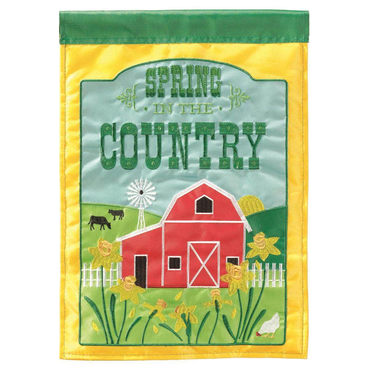 Barn Spring In The Country banner flag with vibrant design, intricate embroidery, and durable construction for spring outdoor decor.