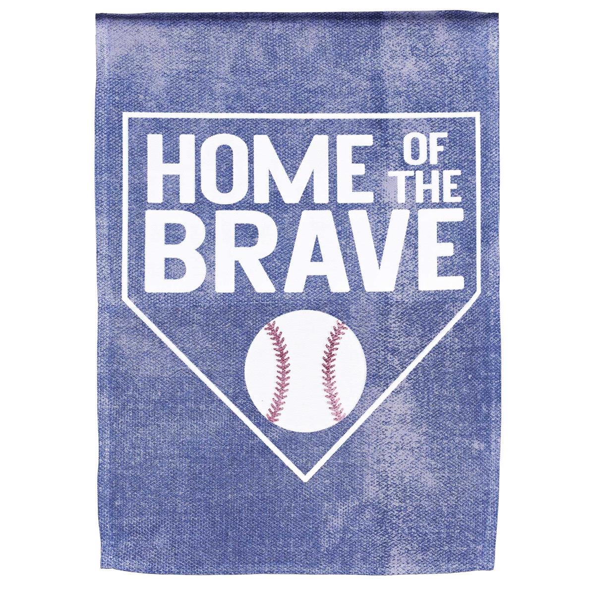 Photo of a 13x18 printed garden flag titled 'Baseball Home of the Brave' with a patriotic baseball-themed design for outdoor display.