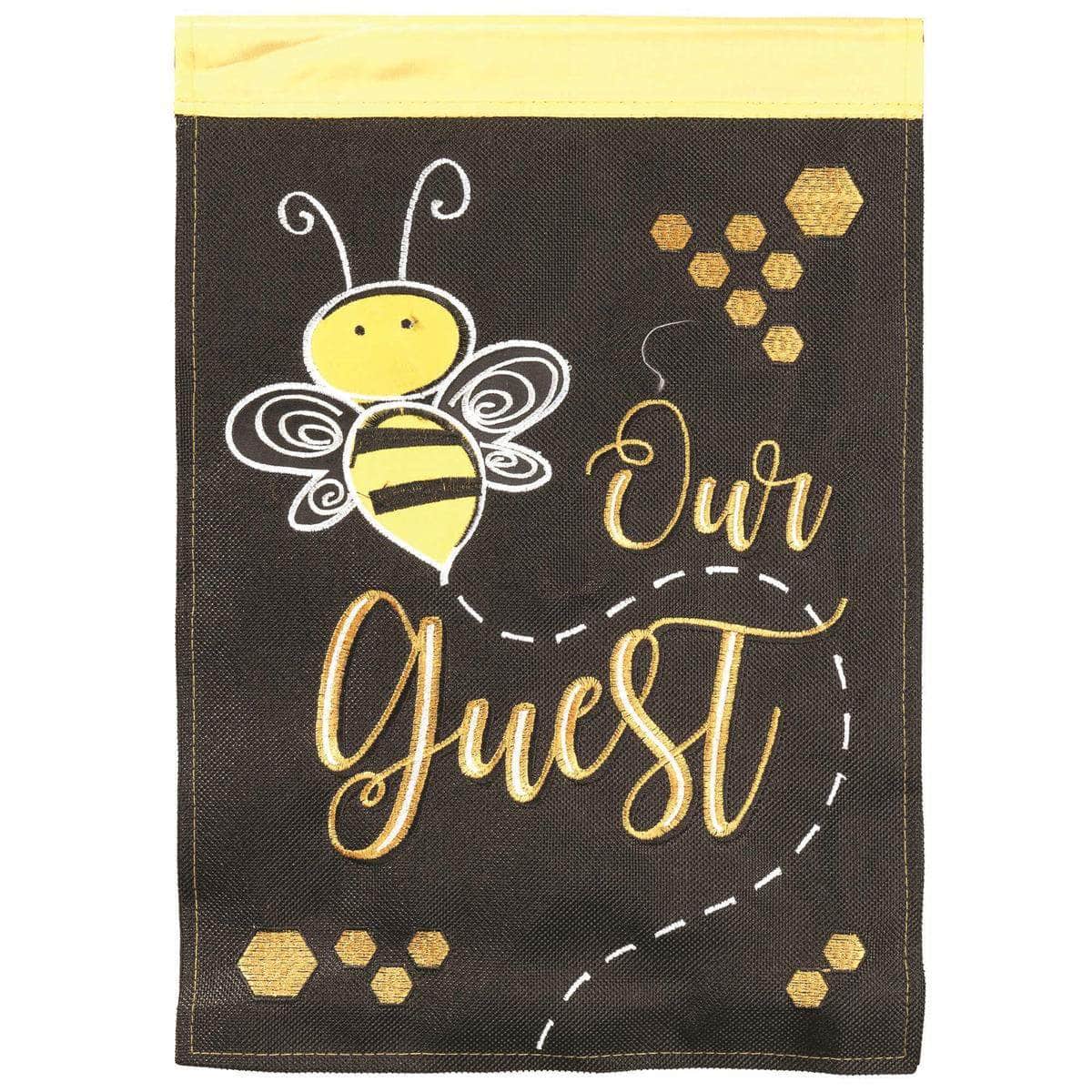 Bee Our Guest Burlap flag with vibrant design, intricate embroidery, and durable construction for welcoming outdoor decor.