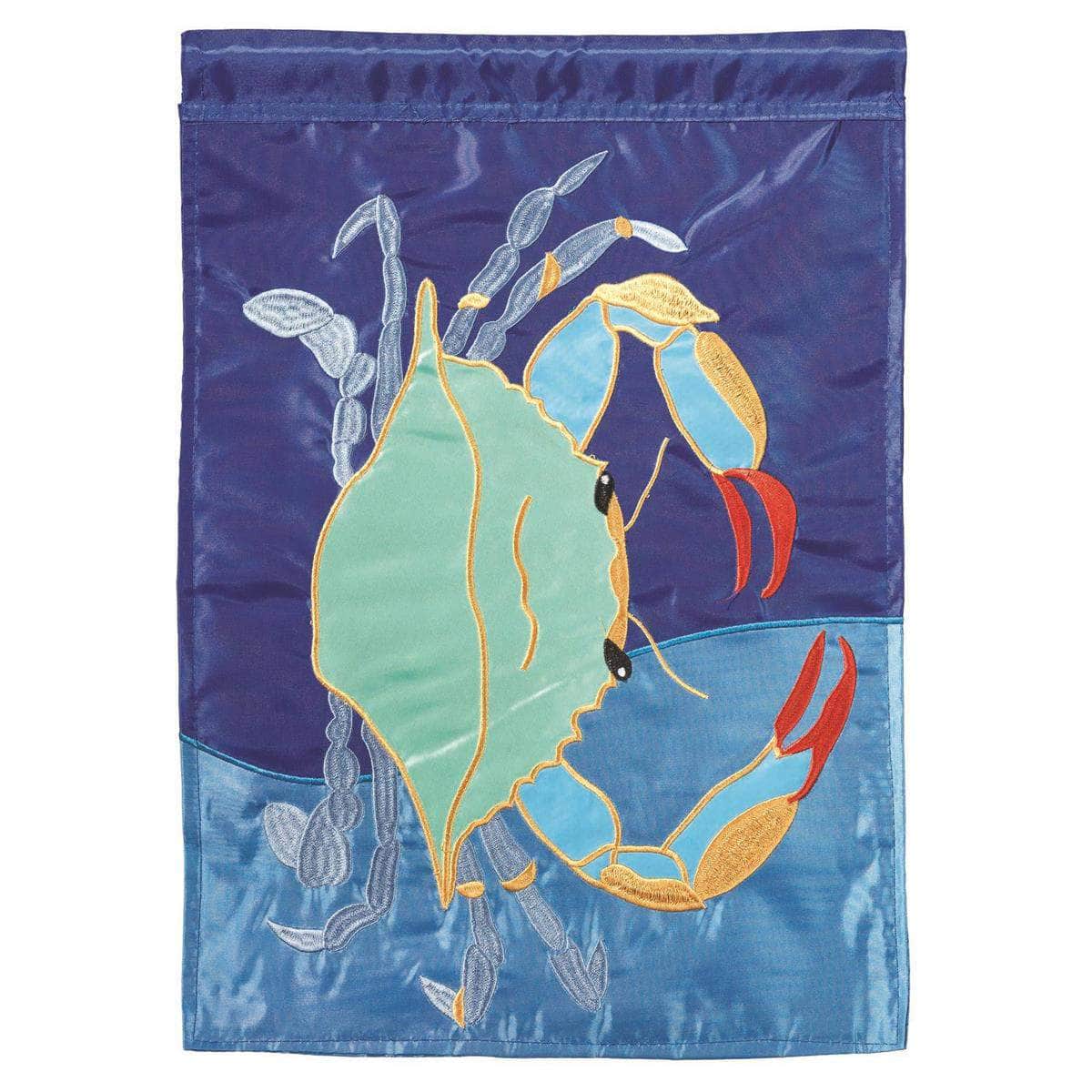 Blue Crab Garden Flag with double-thickness design, intricate applique stitching, and durable nylon construction for coastal outdoor décor.