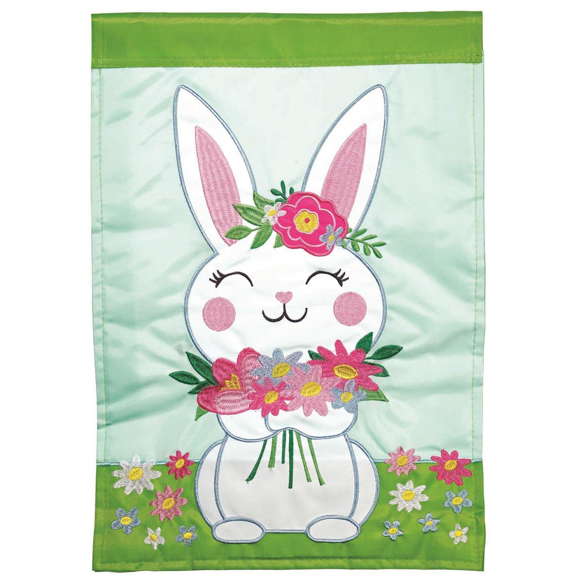 Bunny Easter Polyester flag with vibrant colors, intricate embroidery, and durable construction for spring and Easter outdoor decorations.