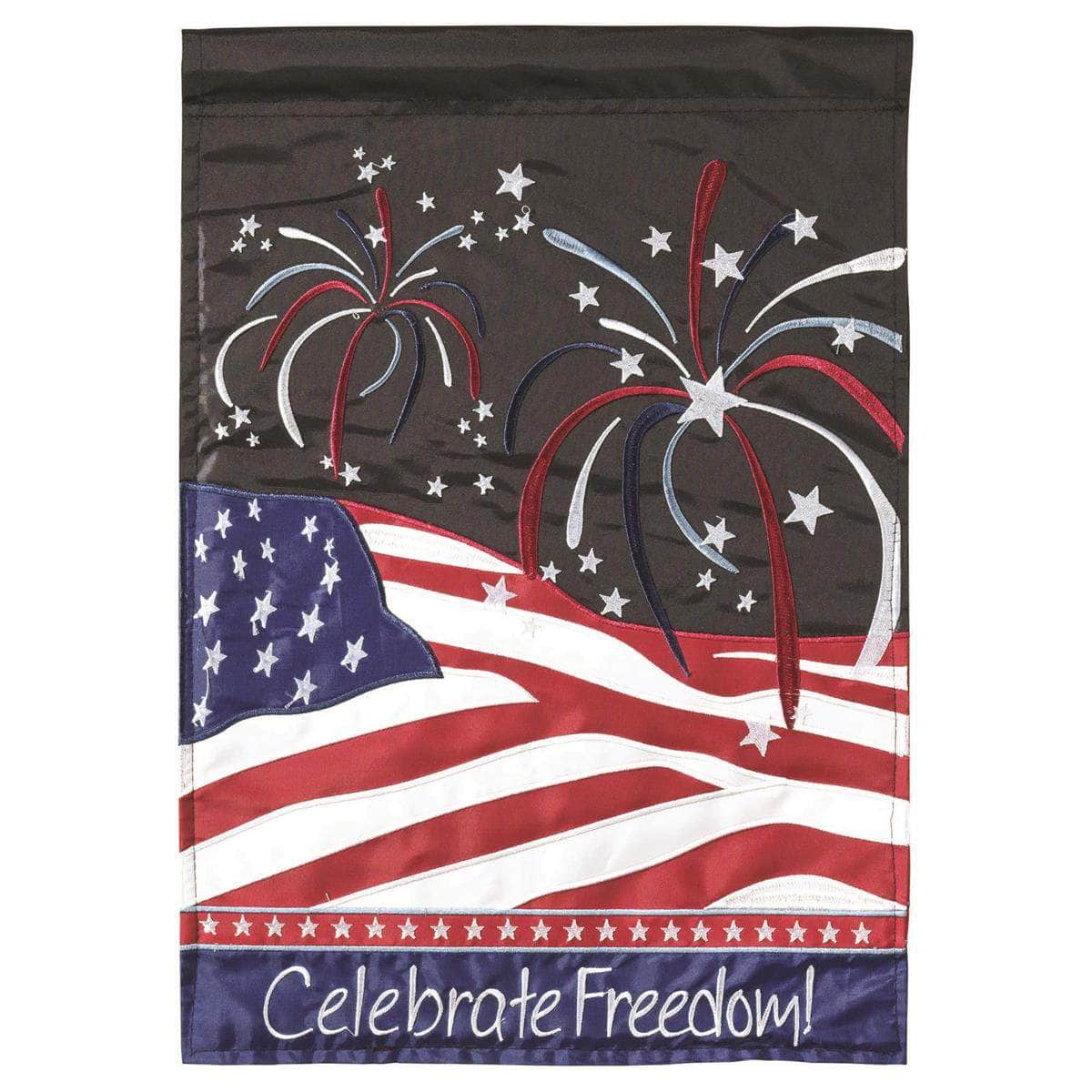 Celebrate Freedom Garden Flag with double-thickness design, intricate applique stitching, and durable nylon construction for patriotic outdoor décor.
