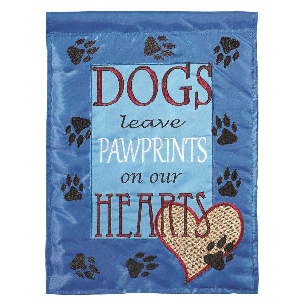 Dogs Leave Pawprints Garden Flag with double-thickness design, intricate applique stitching, and durable nylon construction for dog lover outdoor décor.