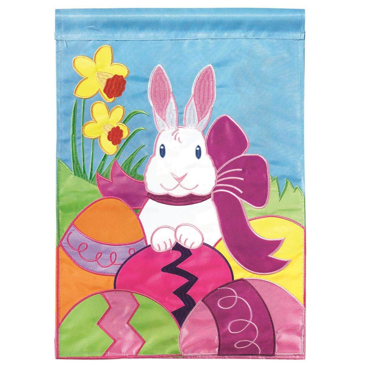 Easter Bunny Eggs Garden Flag with double-thickness design, intricate applique stitching, and durable nylon construction for Easter outdoor décor.