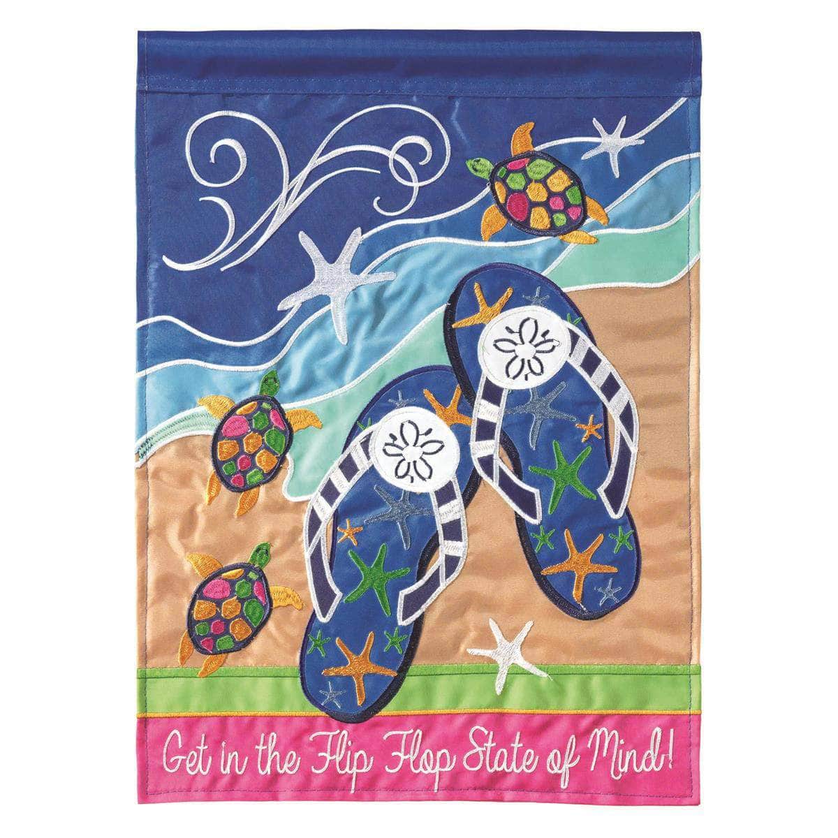 Flip Flop State of Mind Garden Flag with double-thickness design, intricate applique stitching, and durable nylon construction for coastal outdoor décor.
