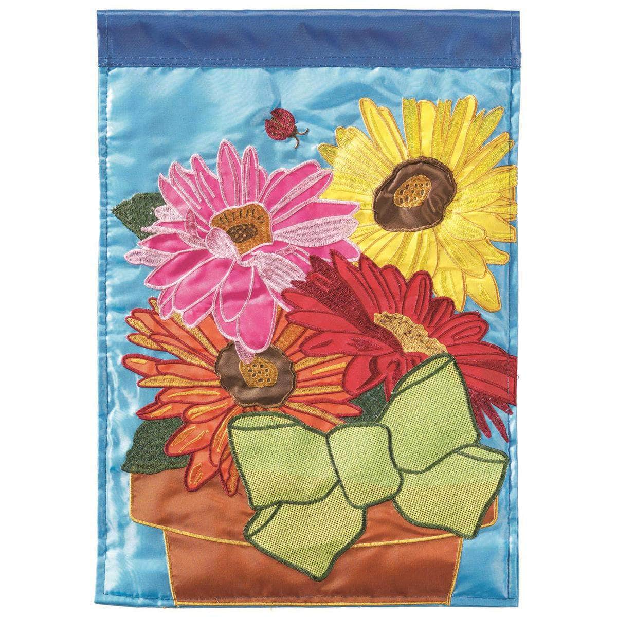 Gerber's In Pot banner flag with vibrant design, intricate embroidery, and durable construction for outdoor floral decor.