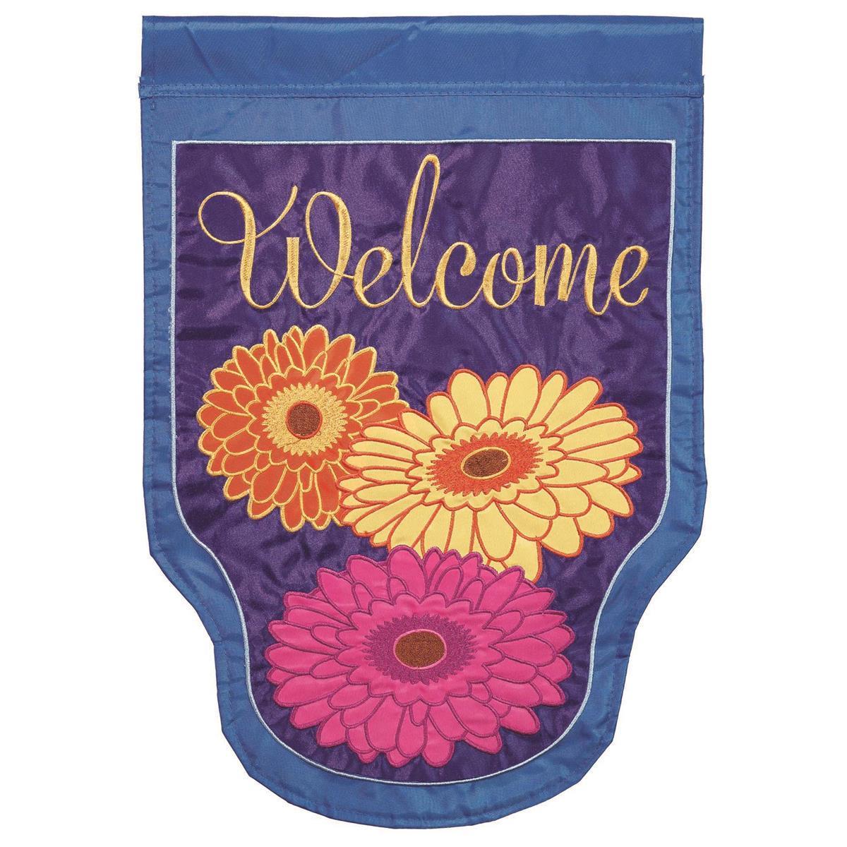 Gerbers Welcome flag with vibrant Gerbera daisy design, intricate embroidery, and durable construction for spring outdoor decor.