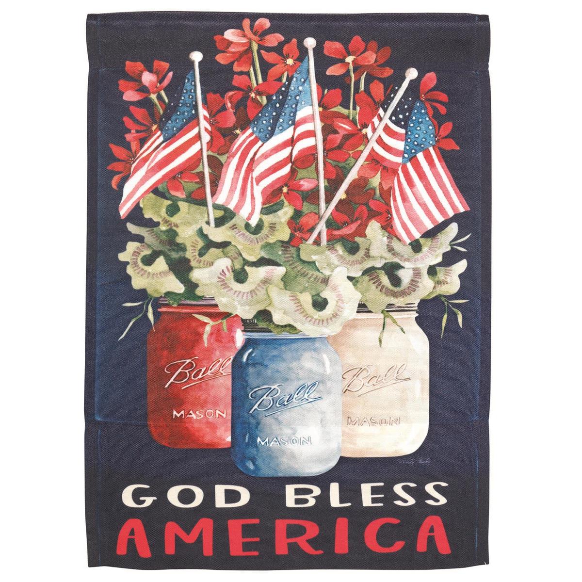 God Bless America Jars printed garden flag, 13x18, patriotic style for outdoor yard or garden; jar-themed Americana design.