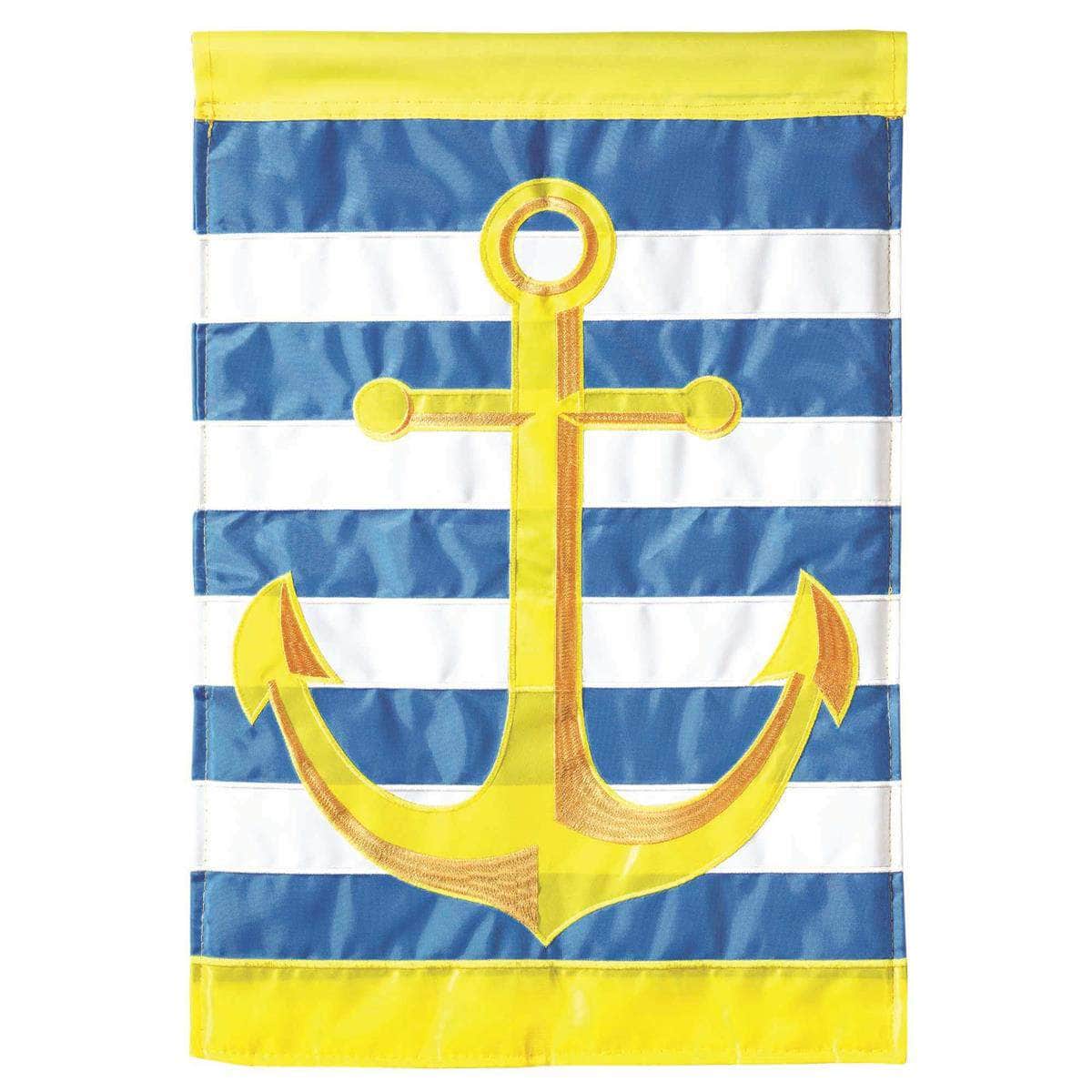 Golden Anchor Garden Flag with double-thickness design, intricate applique stitching, and durable nylon construction for coastal outdoor décor.