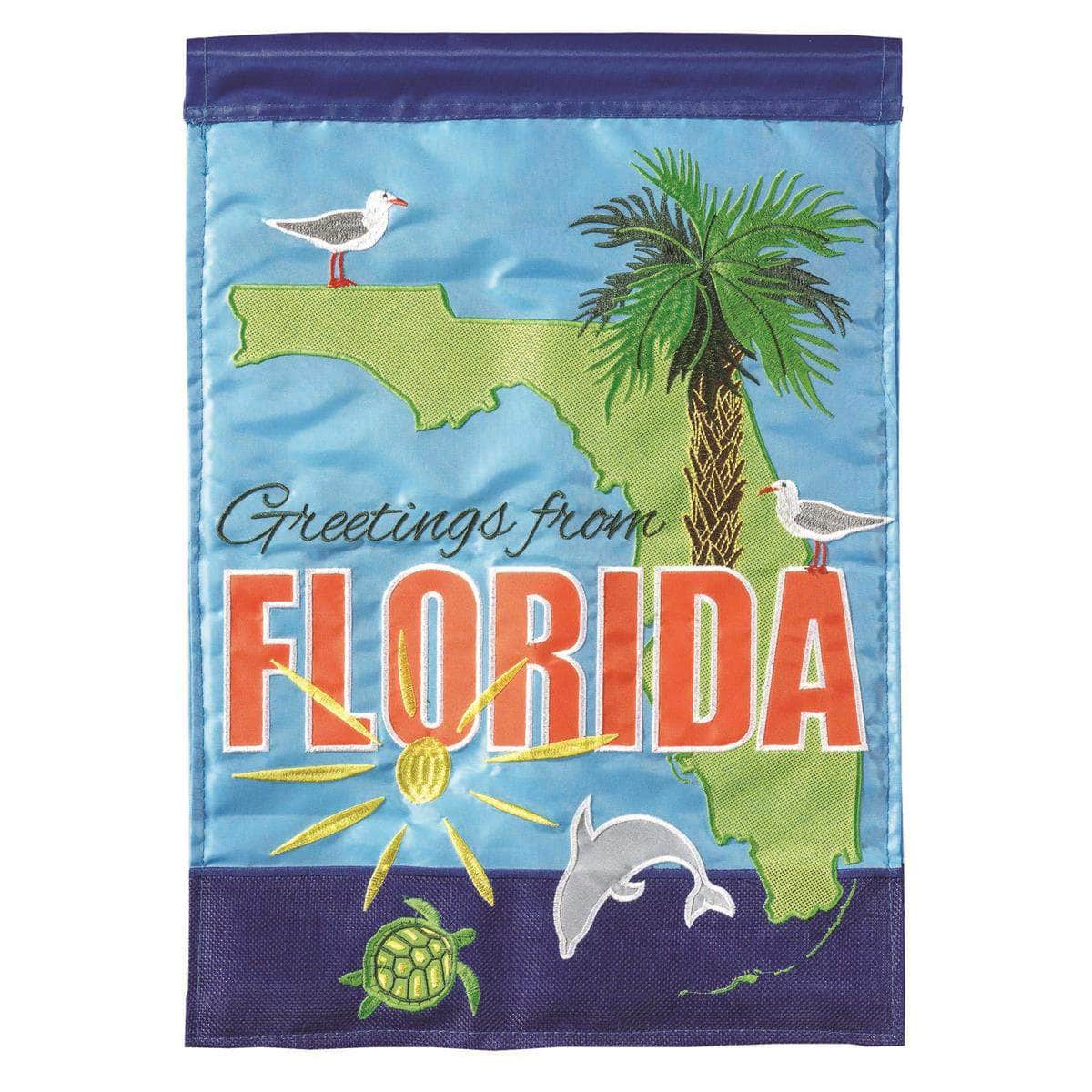 Greetings from Florida Garden Flag with double-thickness design, intricate applique stitching, and durable nylon construction for tropical outdoor décor.