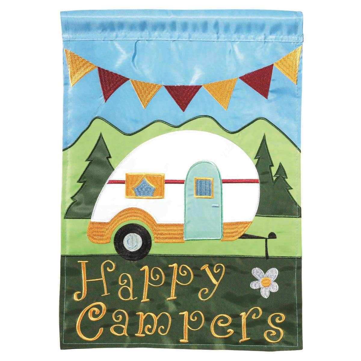 Happy Campers Garden Flag with double-thickness design, intricate applique stitching, and durable nylon construction for outdoor adventure décor.