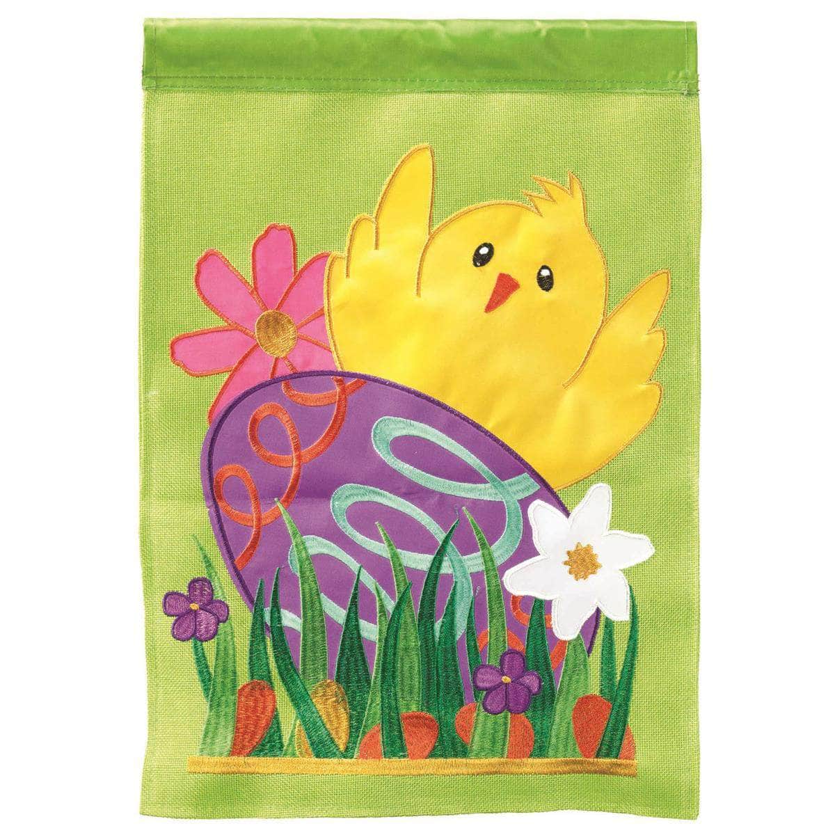Happy Easter Chick flag with vibrant design, intricate embroidery, and durable construction for Easter outdoor decor.