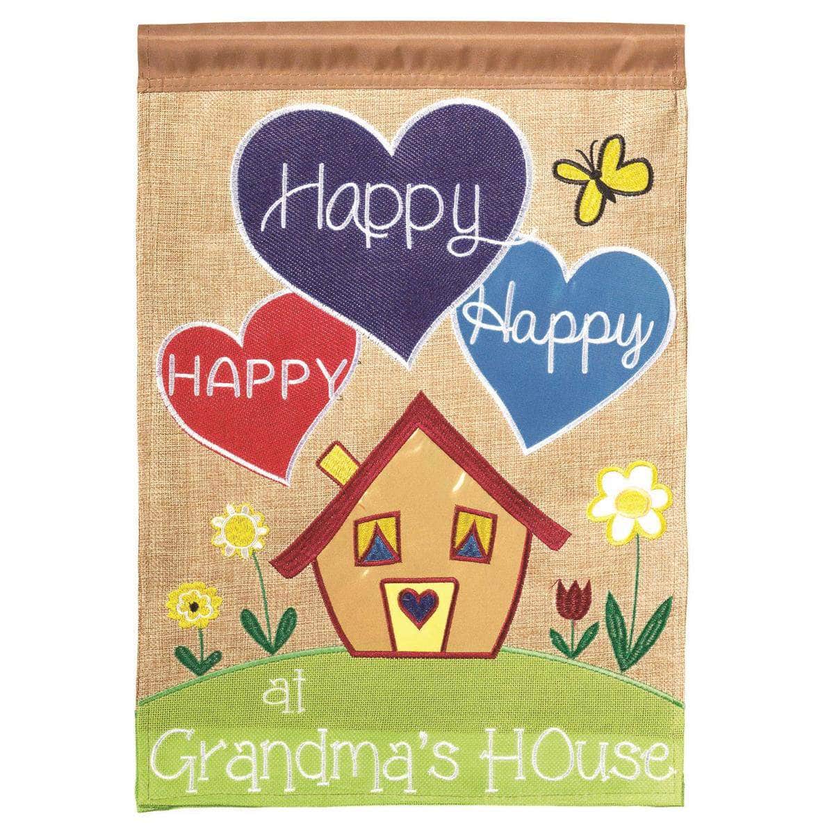 Happy at Grandma's House Garden Flag with double-thickness design, intricate applique stitching, and durable nylon construction for family-friendly outdoor décor.
