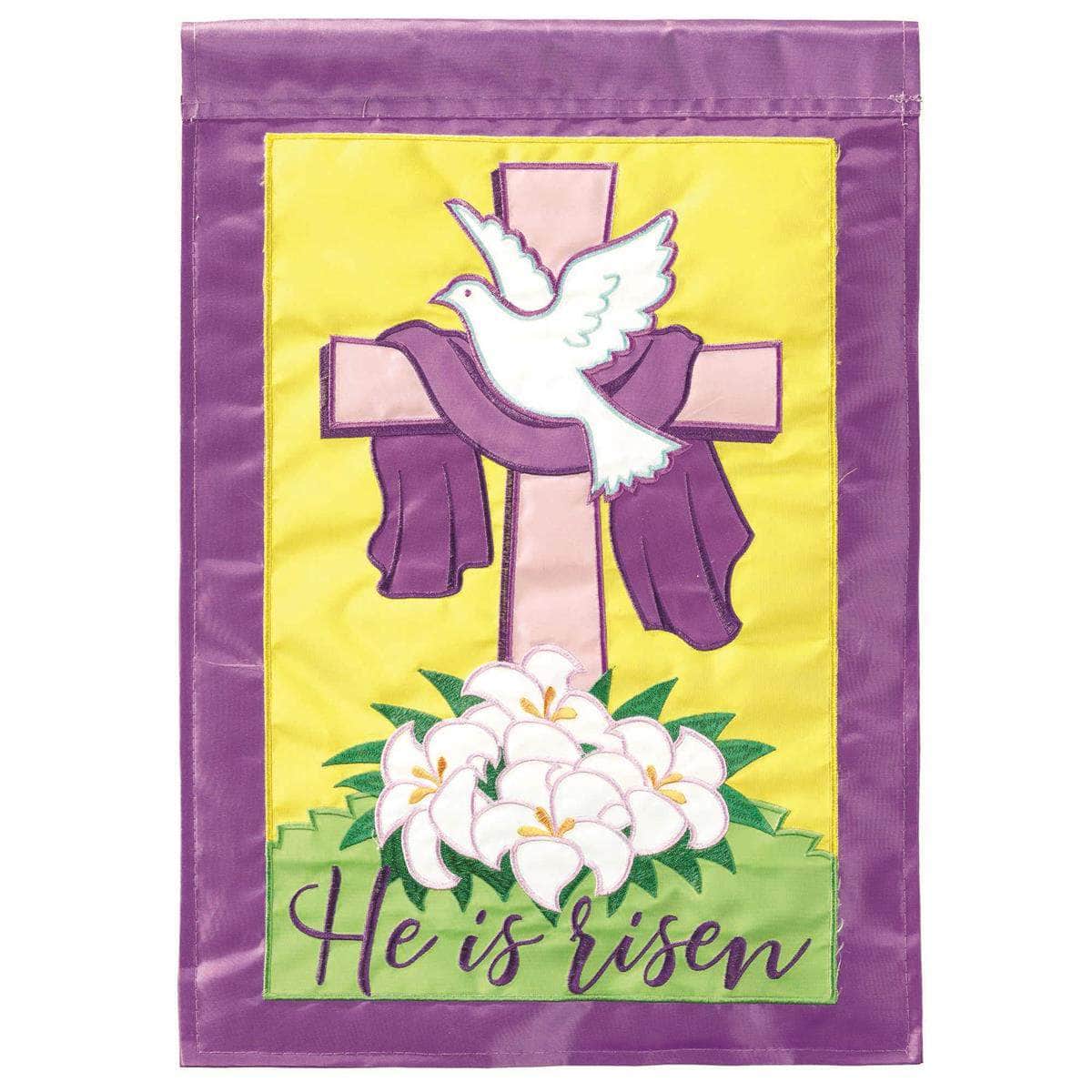 He Is Risen flag with vibrant design, intricate embroidery, and durable construction for Easter outdoor decor.
