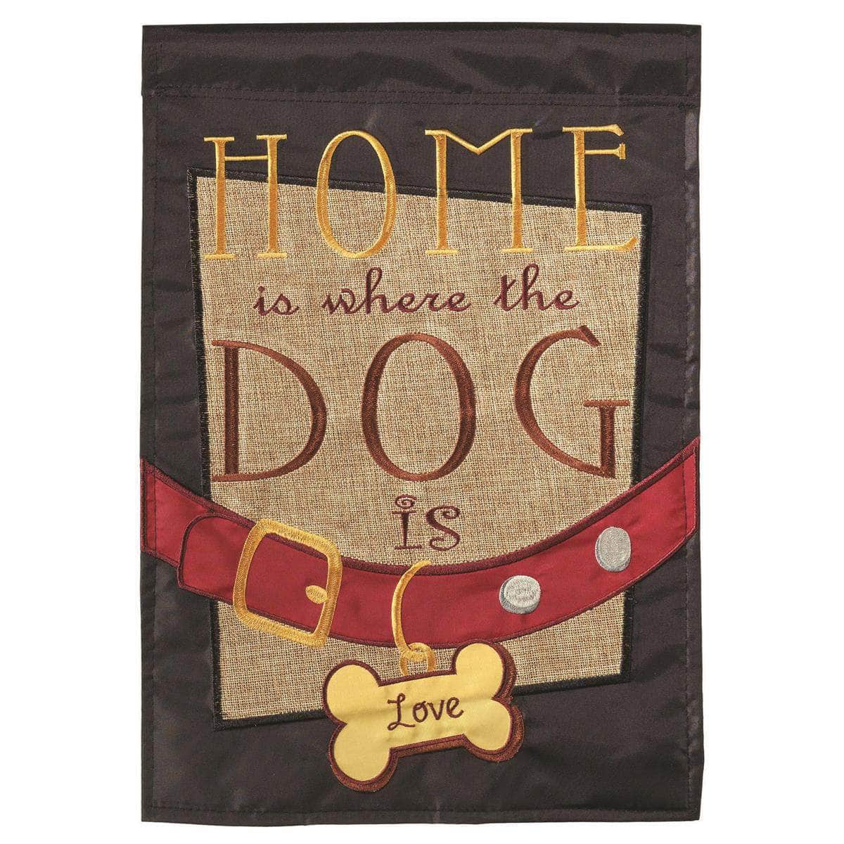 Home Is Where The Dog Is Garden Flag with double-thickness design, intricate applique stitching, and durable nylon construction for dog lover outdoor décor.