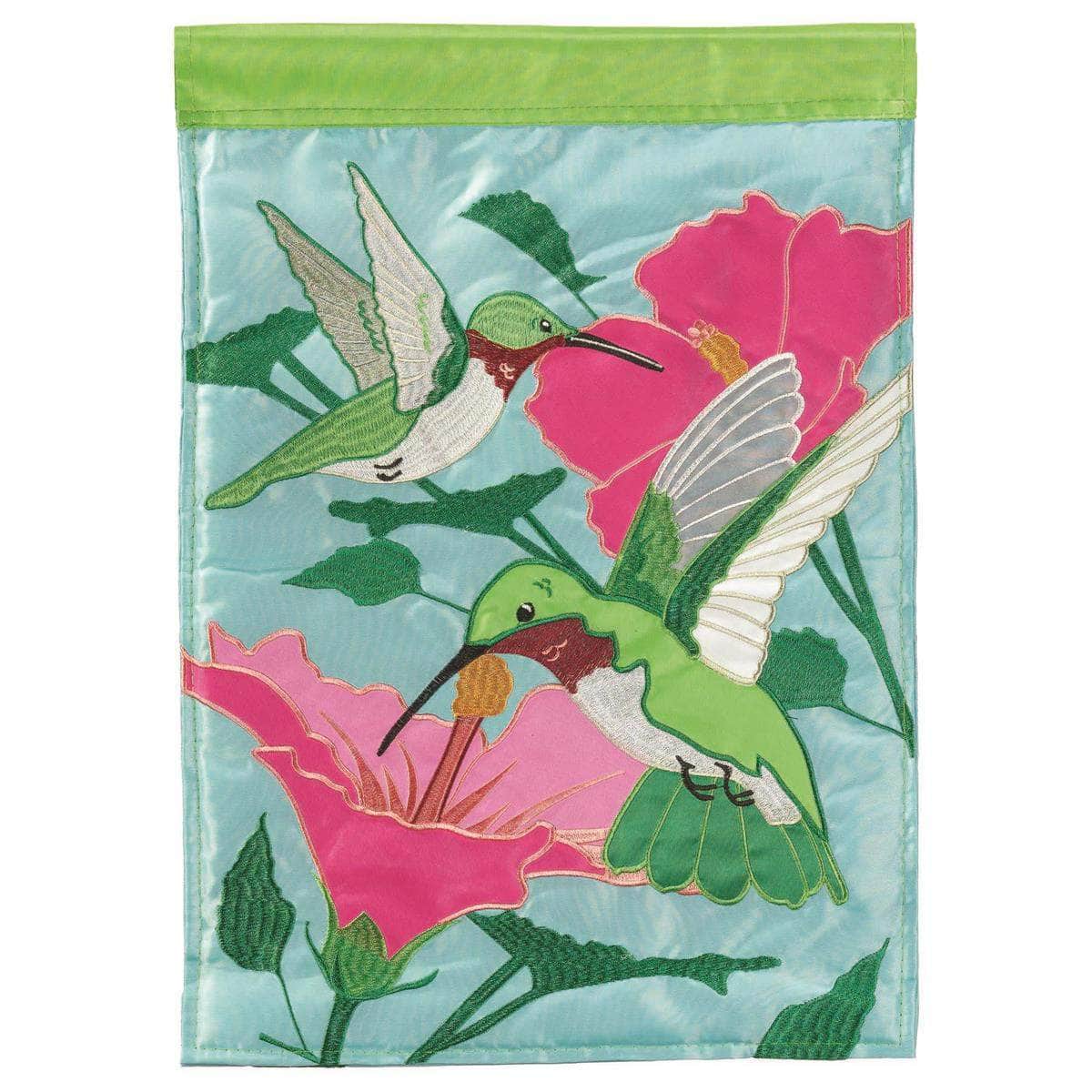 Hummingbirds flag with vibrant design, intricate embroidery, and durable construction for nature-inspired outdoor decor.