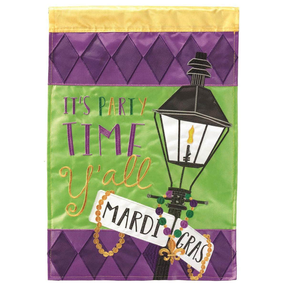 "It's Party Time Y'all" Lamp banner flag with vibrant design, intricate embroidery, and durable construction for festive outdoor decor.
