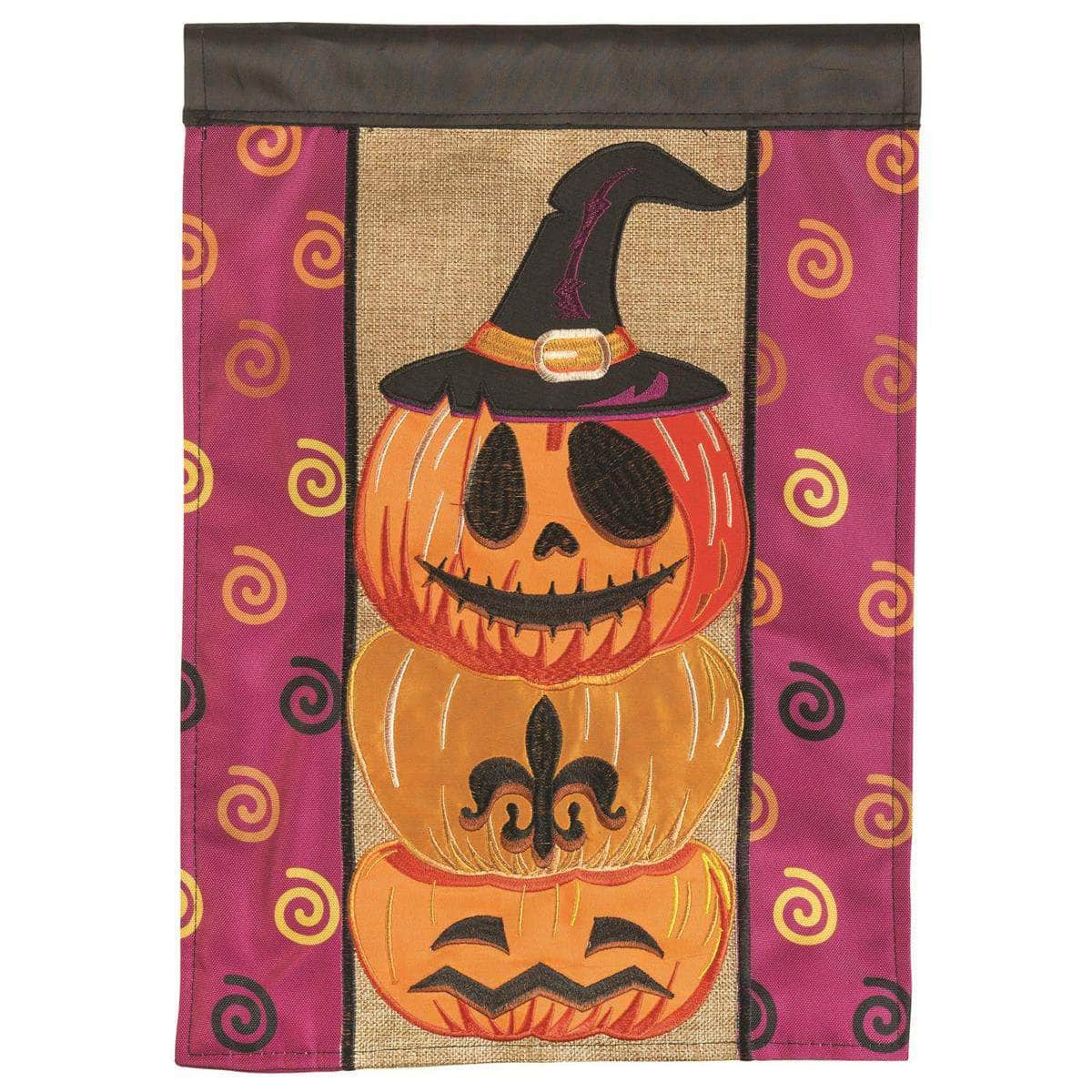 Jack-O-Lantern Fleur-De-Lis flag with vibrant design, intricate embroidery, and durable construction for Halloween outdoor decor.