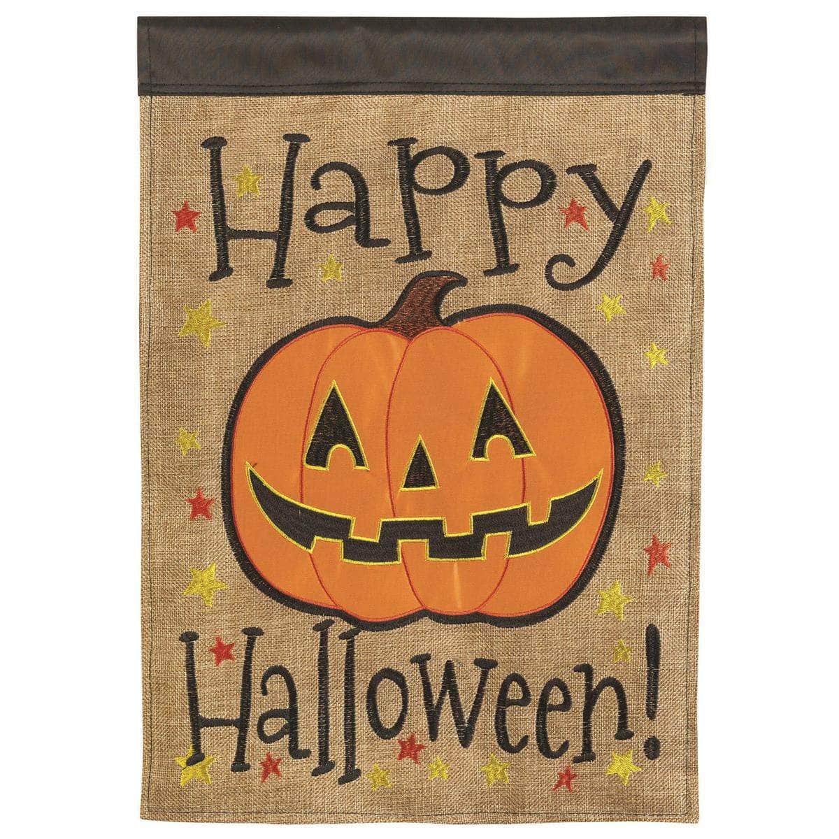 Jack-O-Lantern flag with vibrant design, intricate embroidery, and durable construction for Halloween outdoor decor.