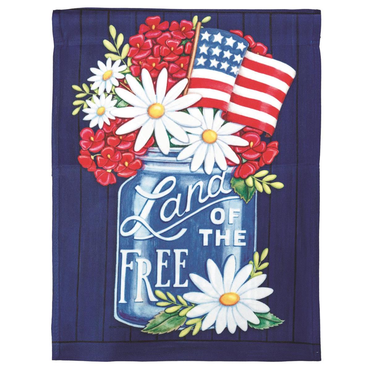 13x18 printed patriotic garden flag with the phrase "Land Of The Free" displayed; outdoor yard decor product photo for a patriotic style, printed subcategory.
