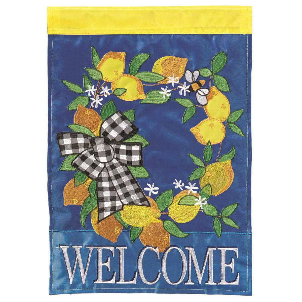 Lemon Welcome flag with vibrant design, intricate embroidery, and durable construction for welcoming outdoor decor.