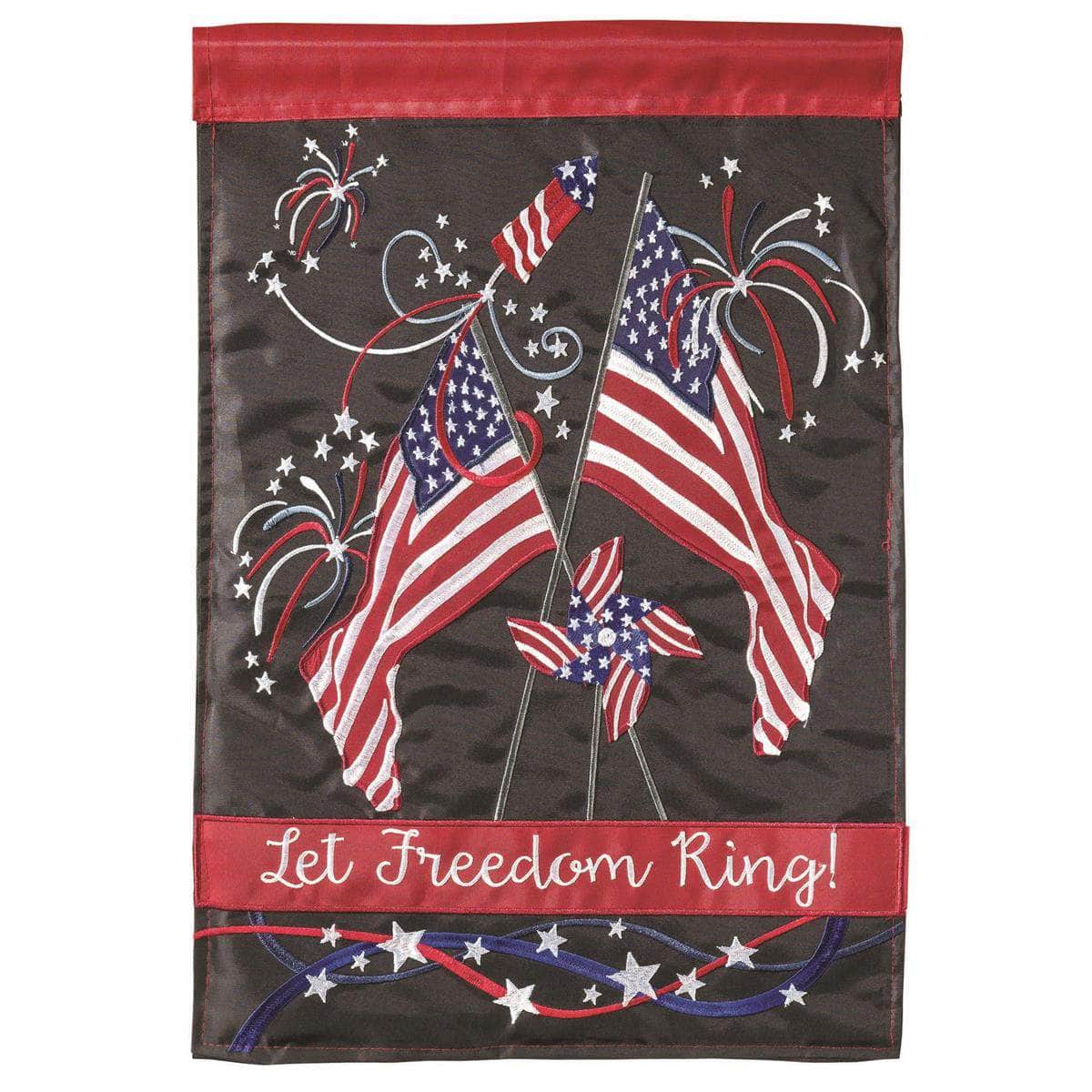 Let Freedom Ring Garden Flag with double-thickness design, intricate applique stitching, and durable nylon construction for patriotic outdoor décor.