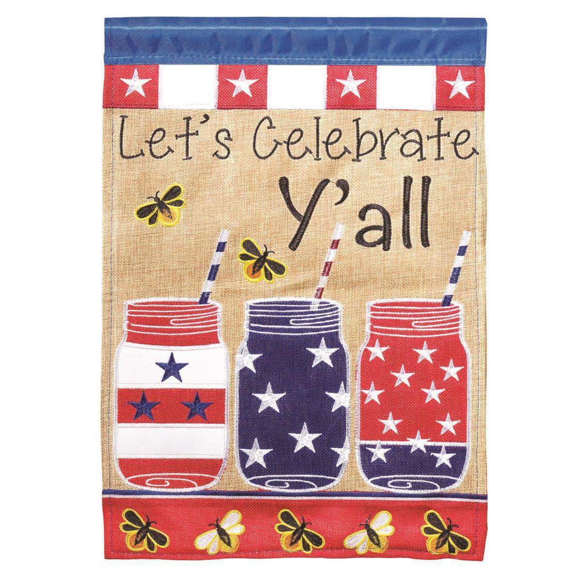 Let's Celebrate Y'all Garden Flag with double-thickness design, intricate applique stitching, and durable nylon construction for festive outdoor décor.