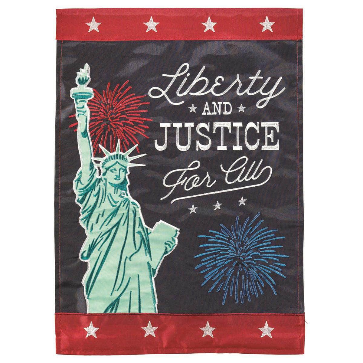 Liberty Justice For All flag with vibrant design, intricate embroidery, and durable construction for patriotic outdoor decor.