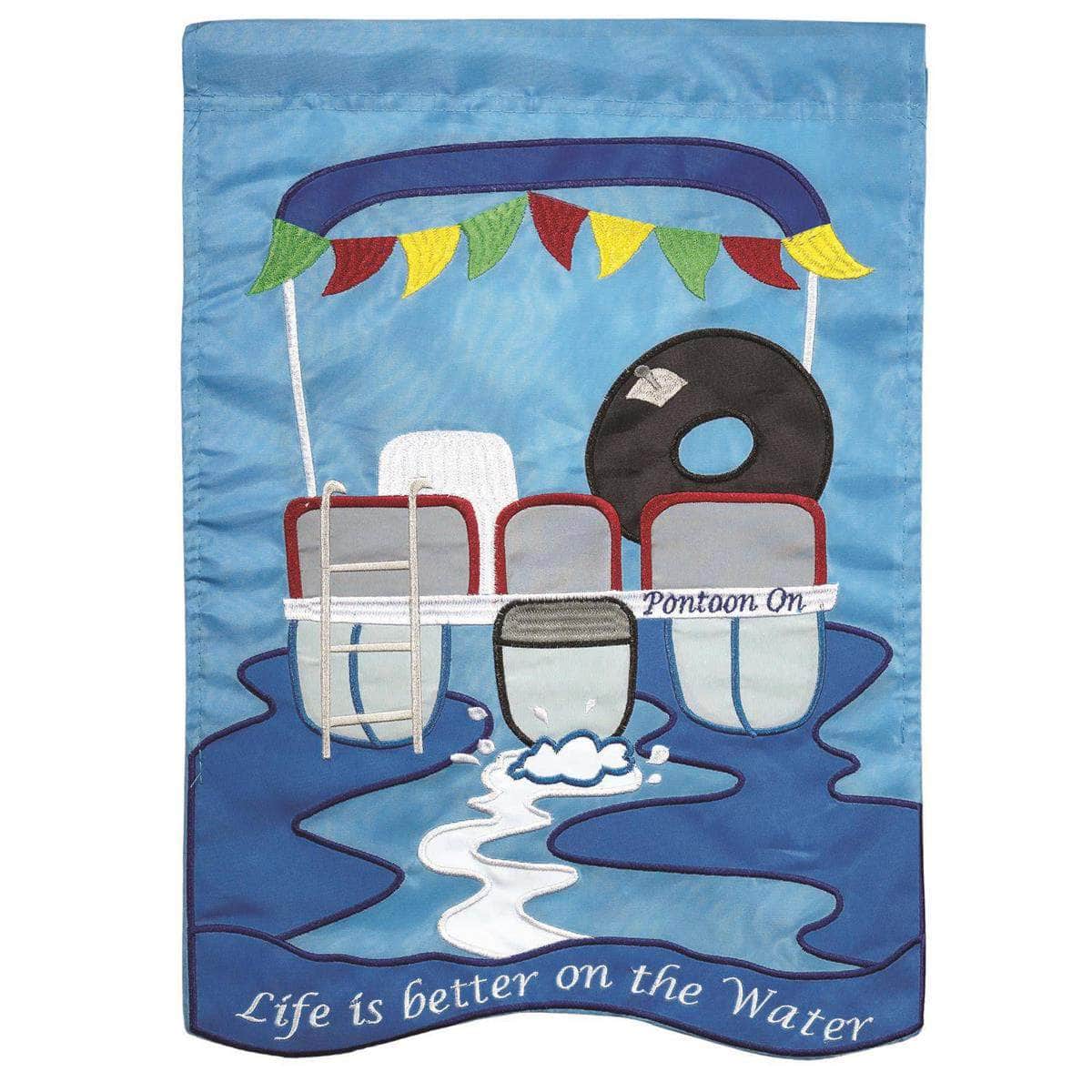 Life Is Better On Water Garden Flag with double-thickness design, intricate applique stitching, and durable nylon construction for waterfront outdoor décor.