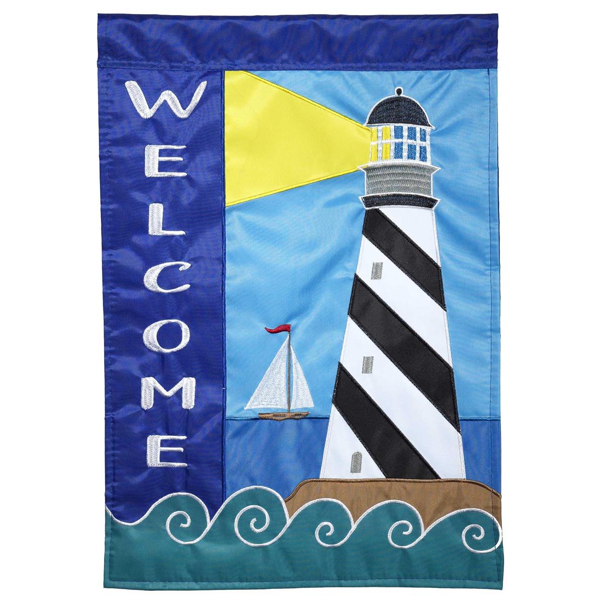 Lighthouse Welcome flag with intricate embroidery, vibrant design, and durable construction for outdoor coastal decor.