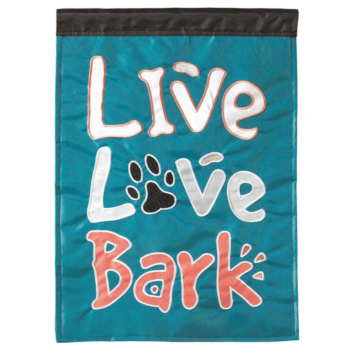 Live Love Bark Garden Flag with double-thickness design, intricate applique stitching, and durable nylon construction for dog lover outdoor décor.