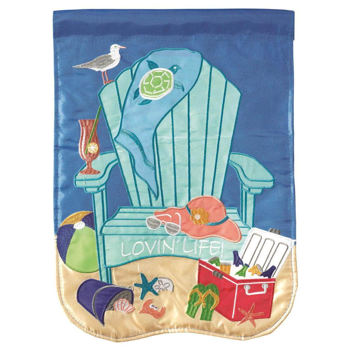 Lovin' Life Beach Chair Garden Flag with double-thickness design, intricate applique stitching, and durable nylon construction for beach-inspired outdoor décor.