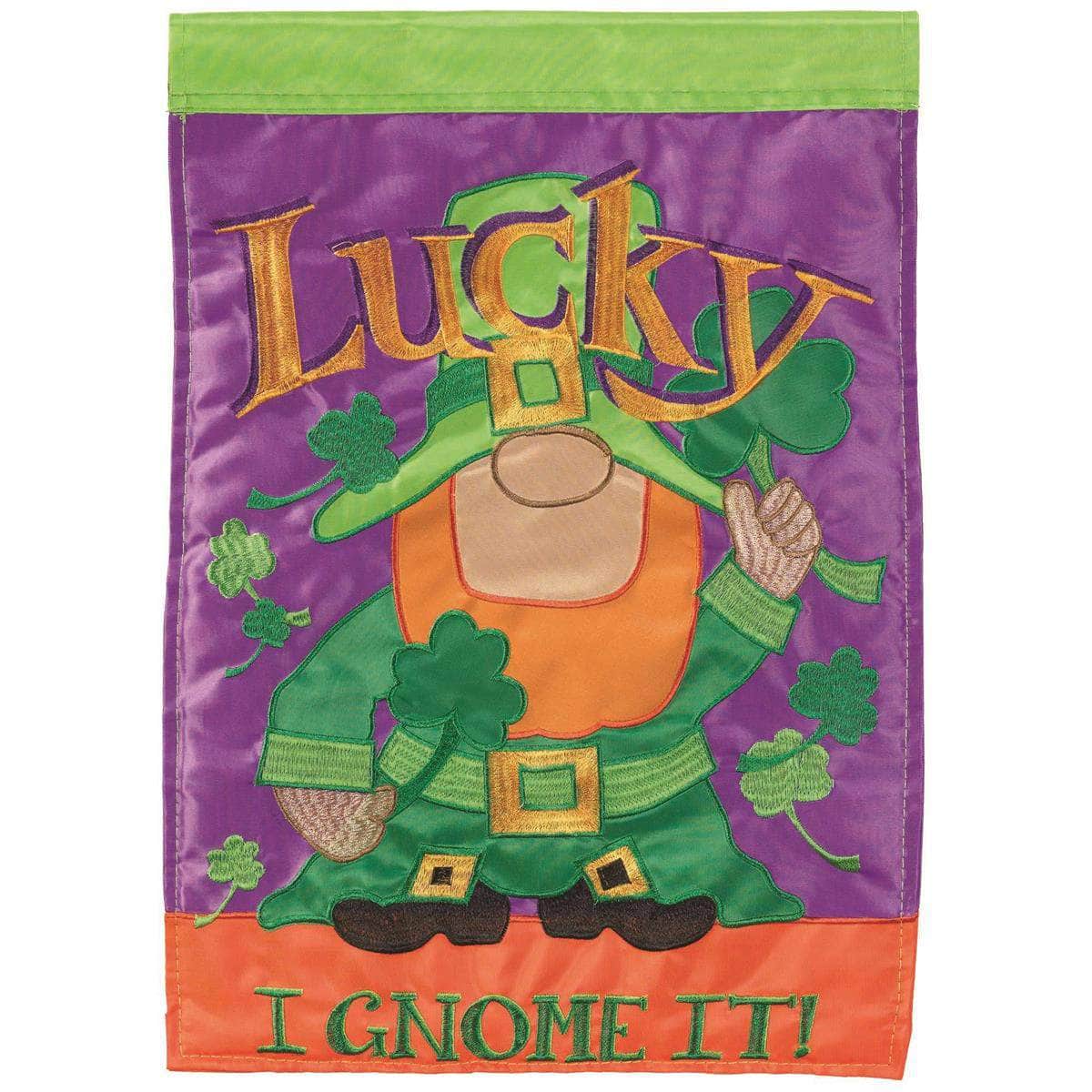 Lucky I Gnome It flag with vibrant design, intricate embroidery, and durable construction for St. Patrick's Day outdoor decor.