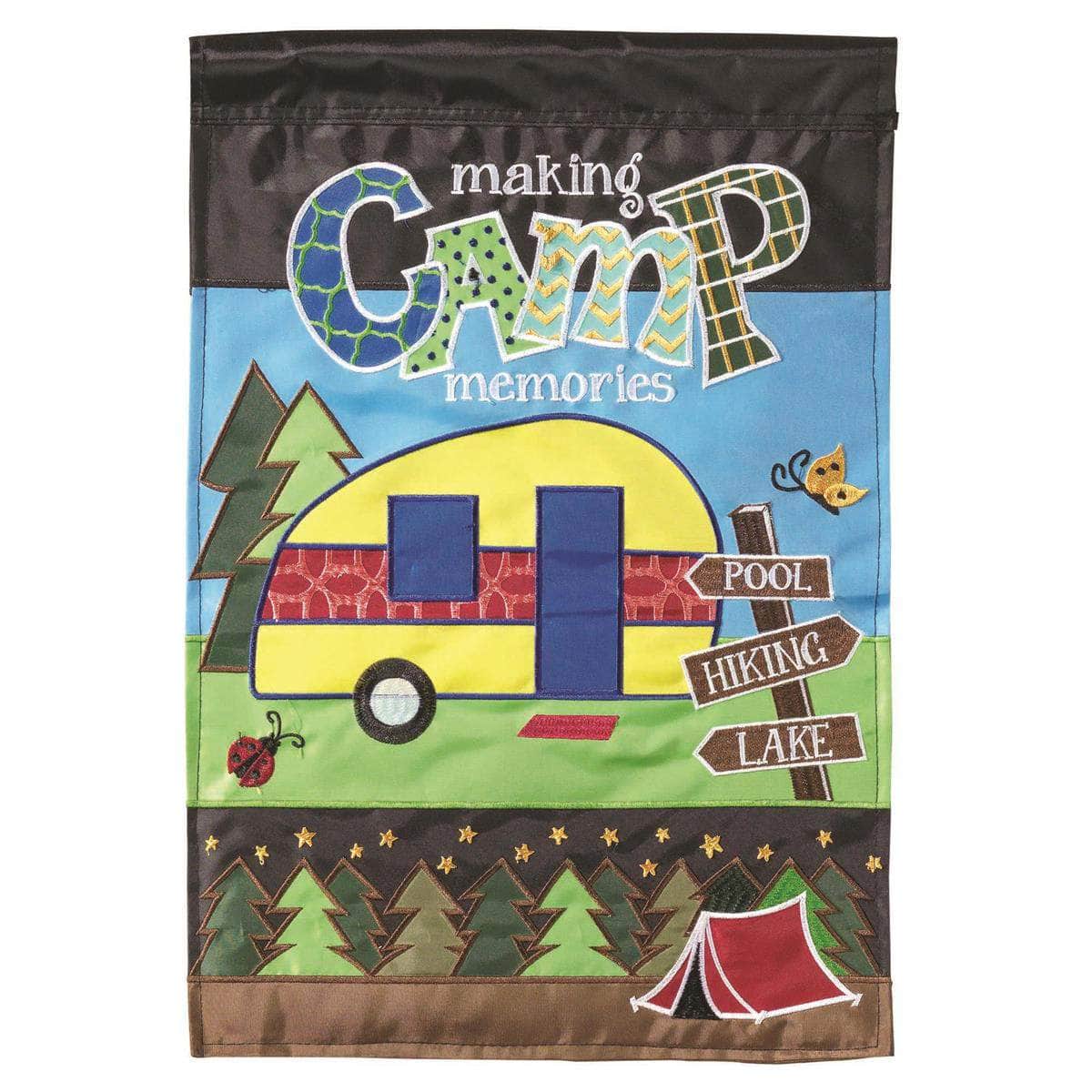 Making Camp Memories Garden Flag with double-thickness design, intricate applique stitching, and durable nylon construction for outdoor adventure décor.