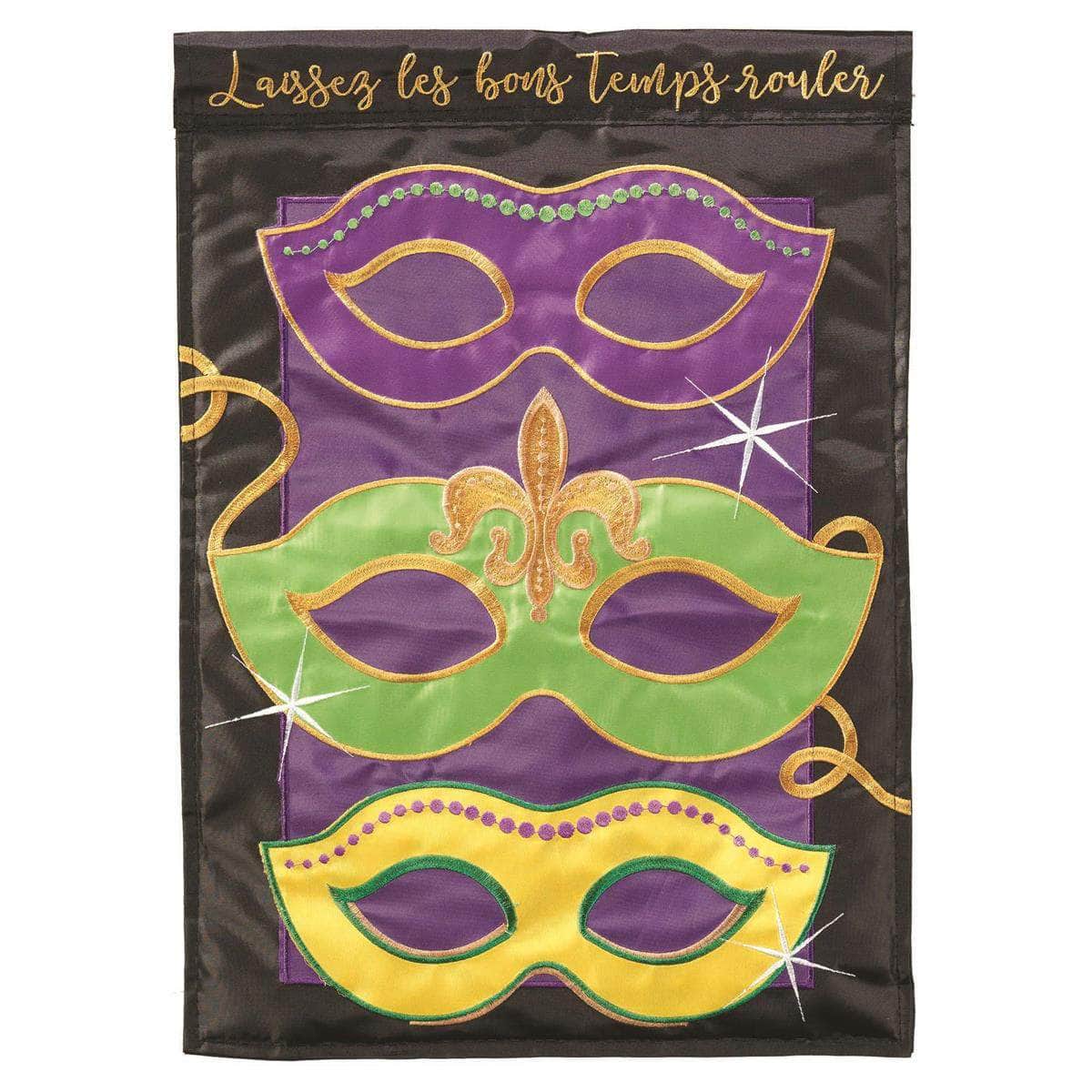 Mardi Gras Mask banner flag with vibrant design, intricate embroidery, and durable construction for festive outdoor decor.