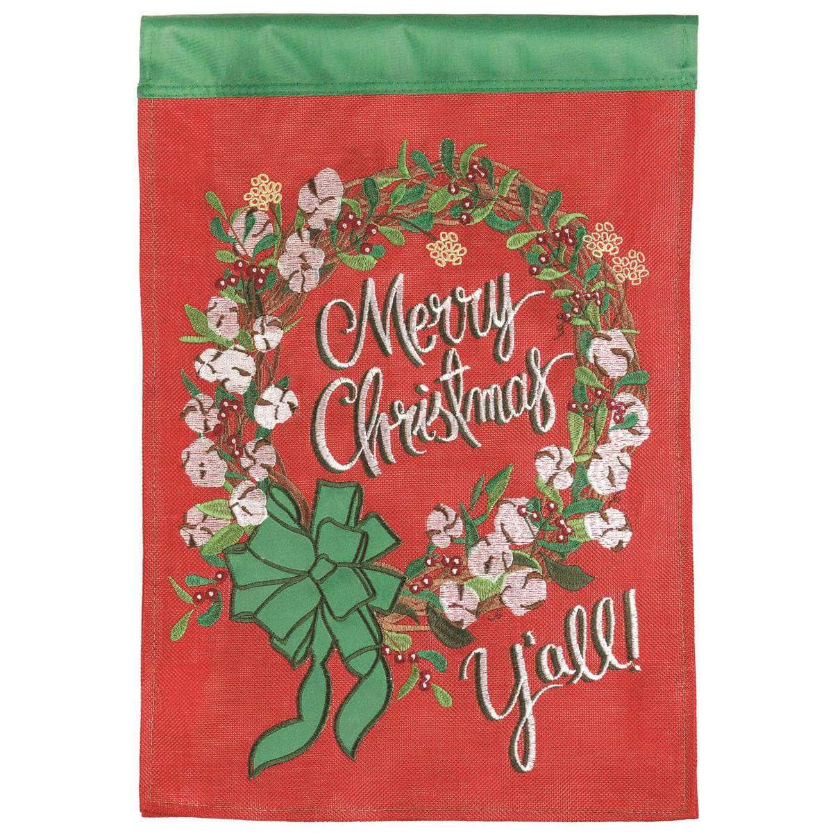Merry Christmas Y’all flag with vibrant design, intricate embroidery, and durable construction for holiday outdoor decor.