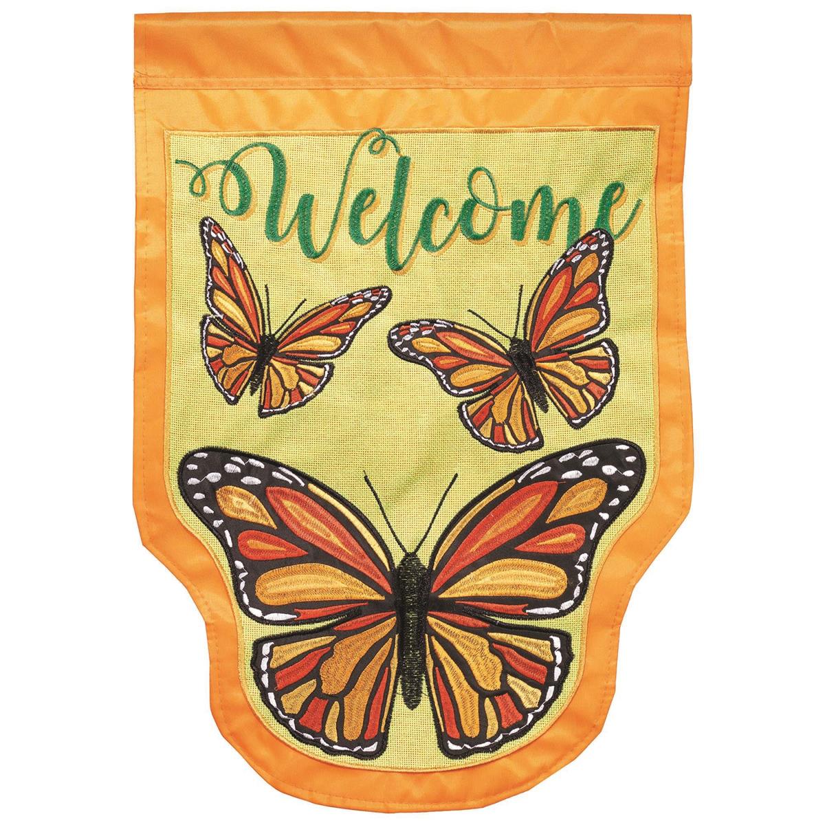 Monarch Butterfly shaped flag with vibrant colors and detailed embroidery, designed for durability and outdoor display.