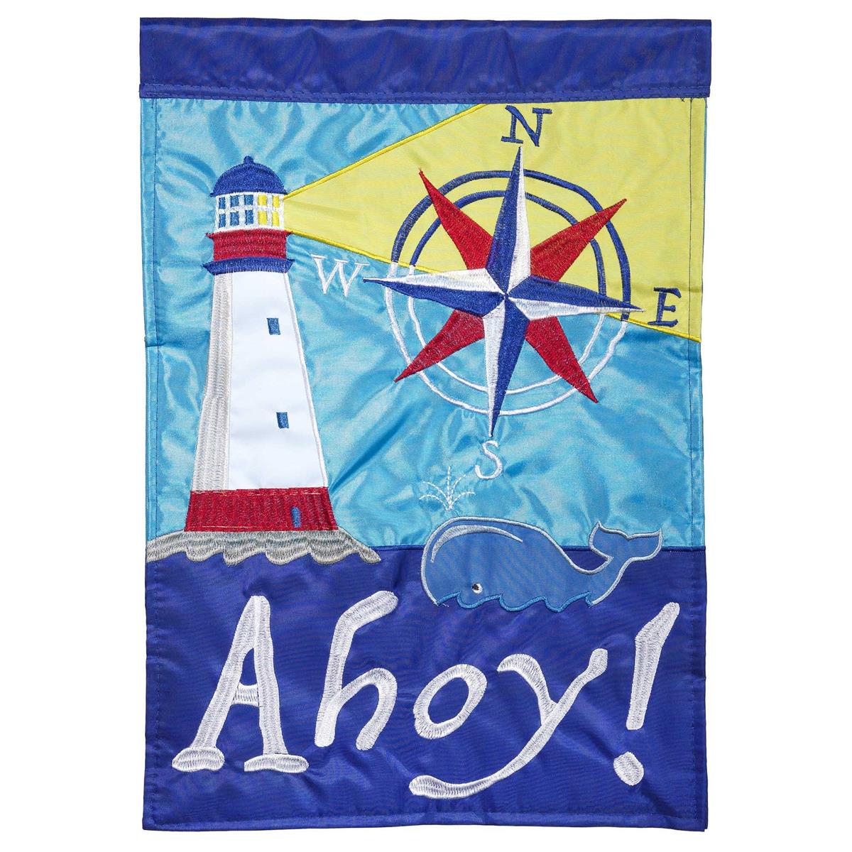 Nautical Welcome flag with intricate embroidery, vibrant colors, and durable construction for outdoor coastal decor.