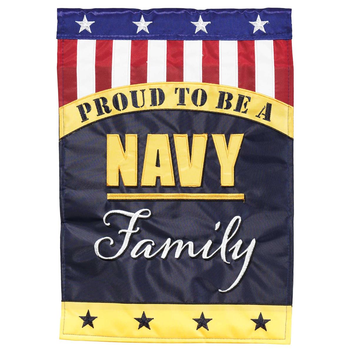 Navy Family flag with vibrant design, intricate embroidery, and durable construction for patriotic military decor.